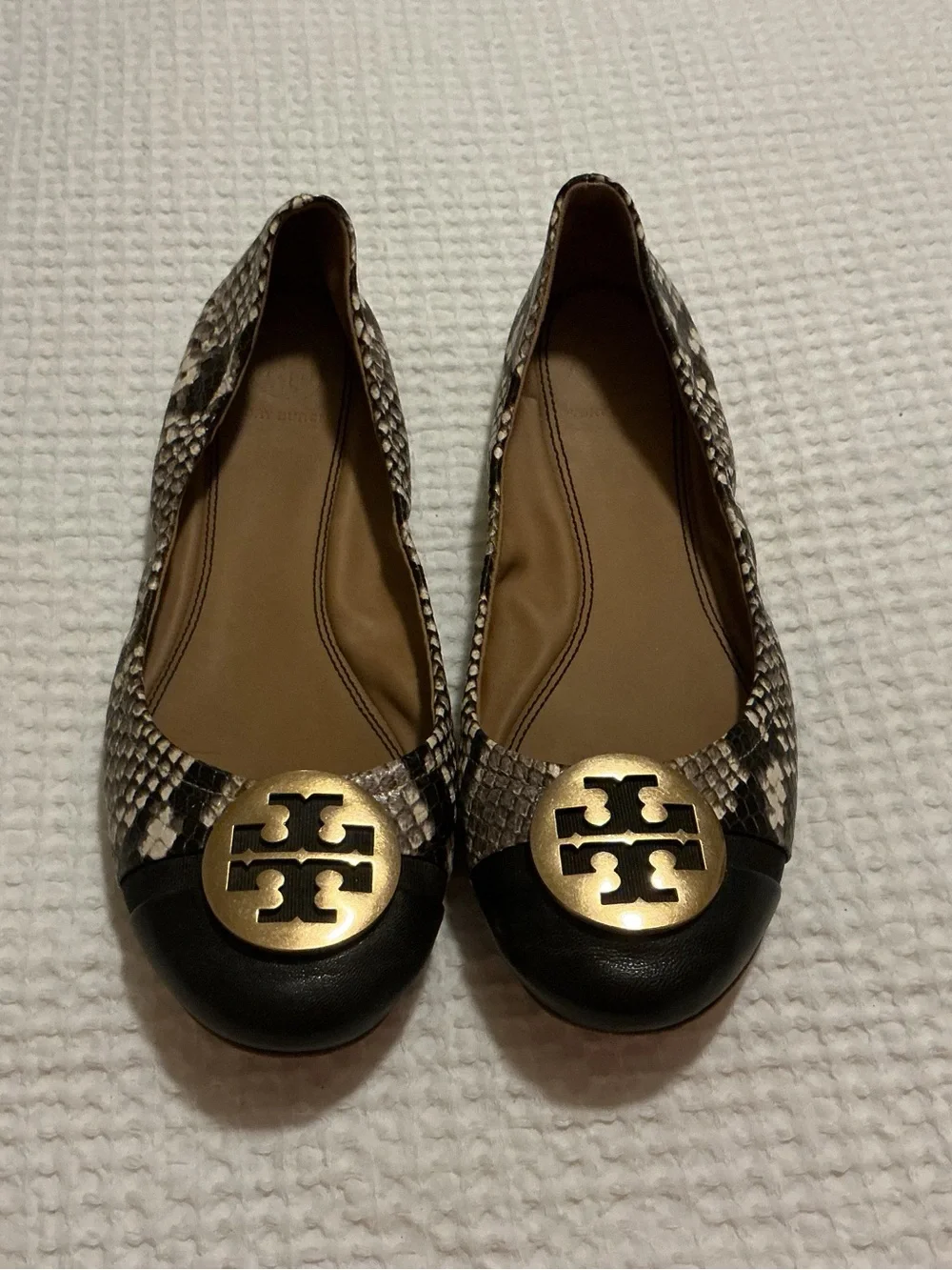 Tory Burch Chelsea / Minnie Cap-Toe Ballet Flats in a snake-print pattern